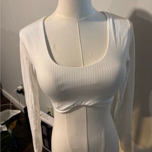 Ribbed Scoop-Neck White Long-Sleeve Crop Top